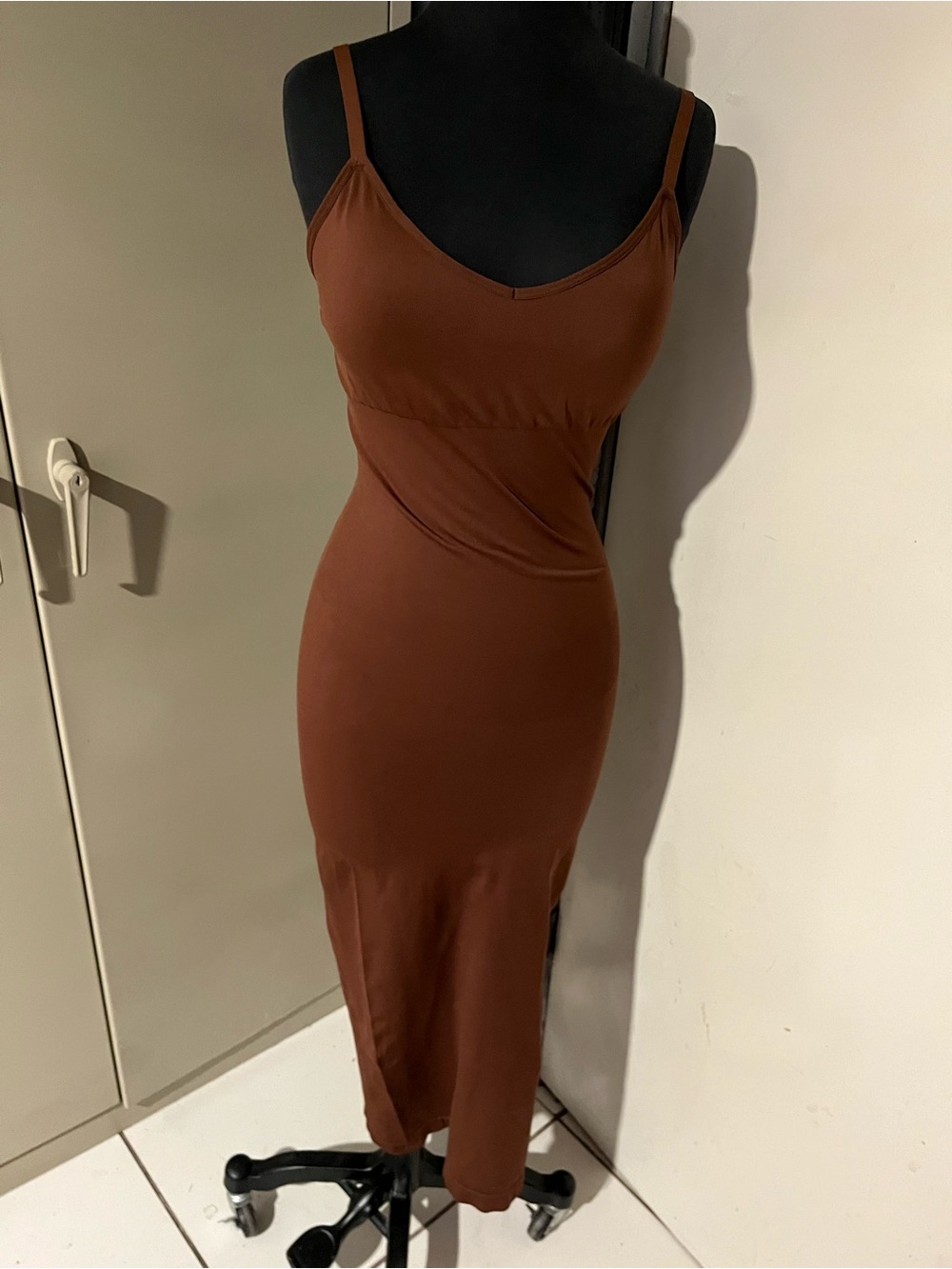 Brown Midi Slip Dress with Spaghetti Straps